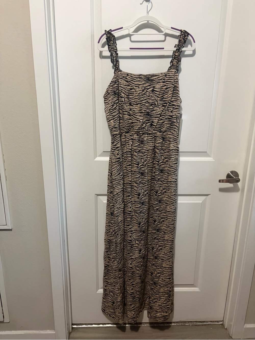 Luxology Beige and Black Zebra-Print Maxi Dress with Ruffled Straps